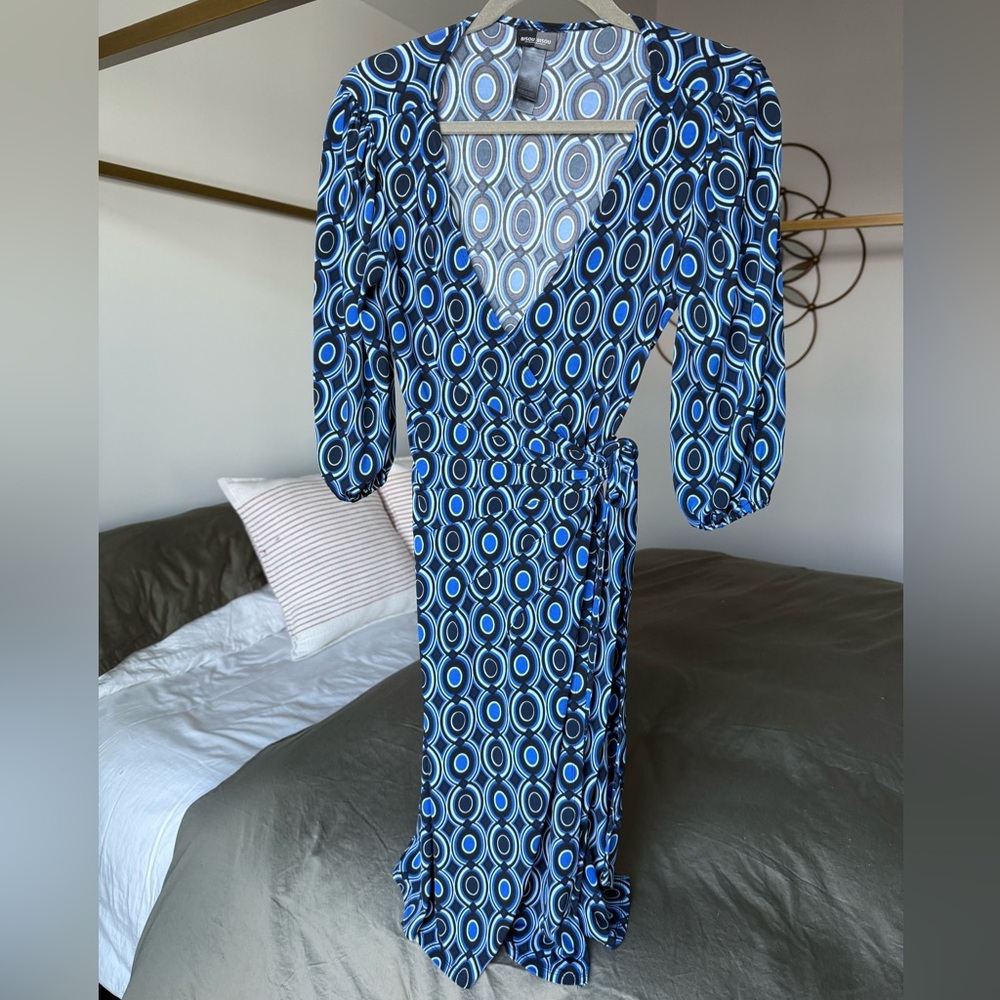 Bisou Bisou Blue Black Long Sleeve Wrap Dress Sz 4 Glam Boss Energy Office-core